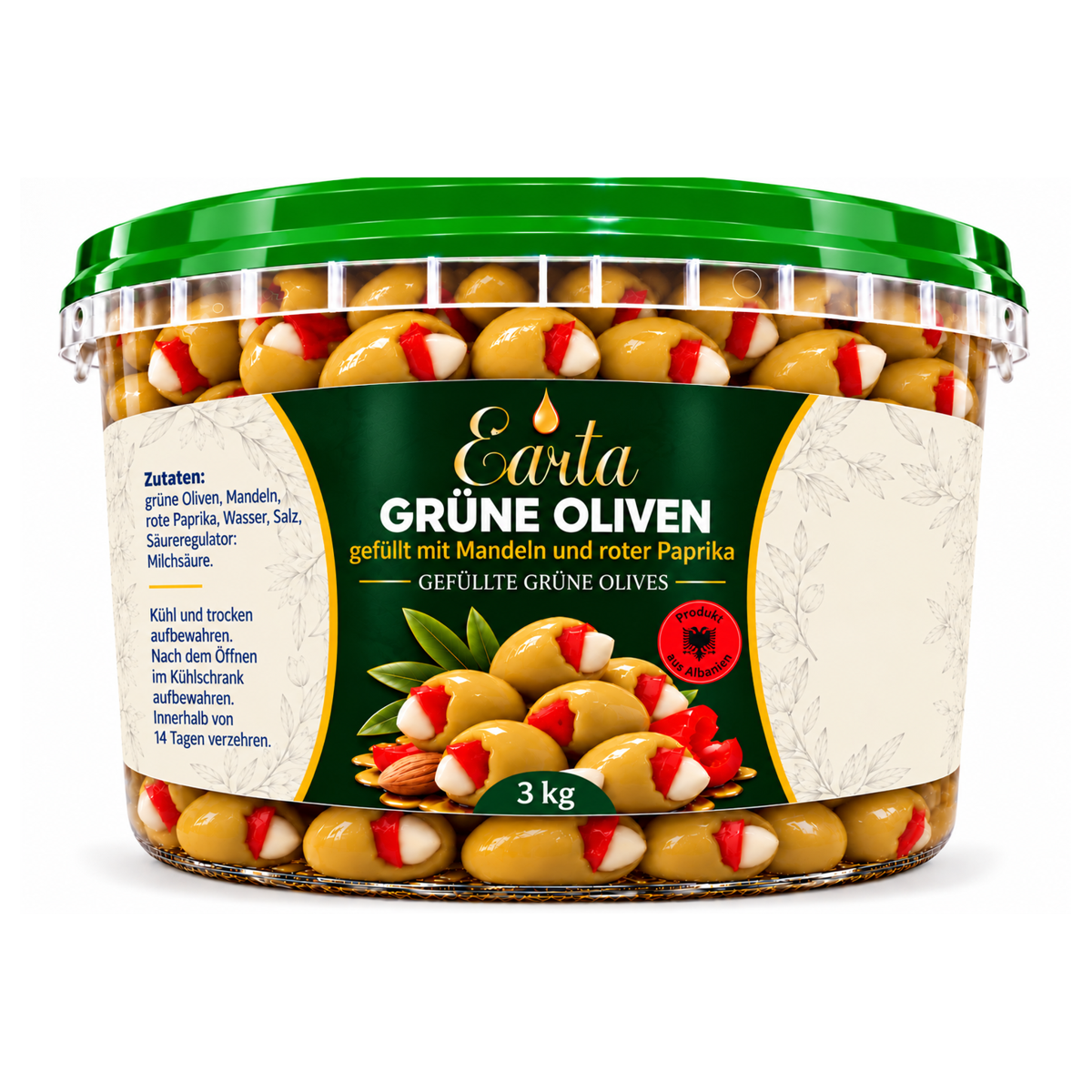 Earta — Grüne Oliven gefüllt mit Mandeln und roter Paprika