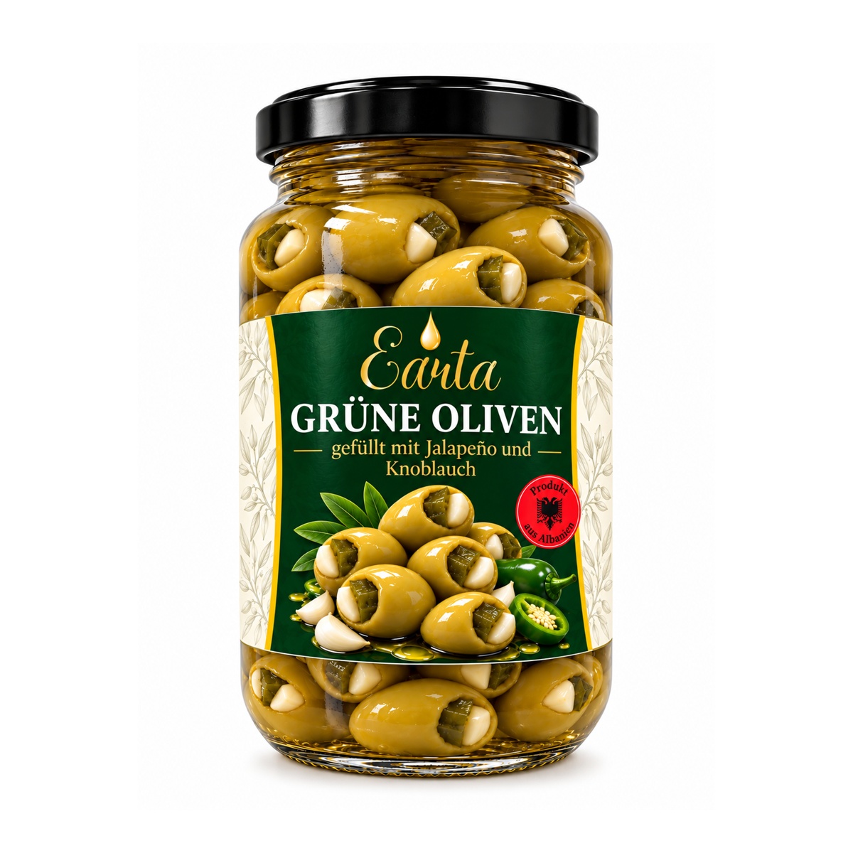 Earta — Grüne Oliven gefüllt mit Jalapeño und Knoblauch