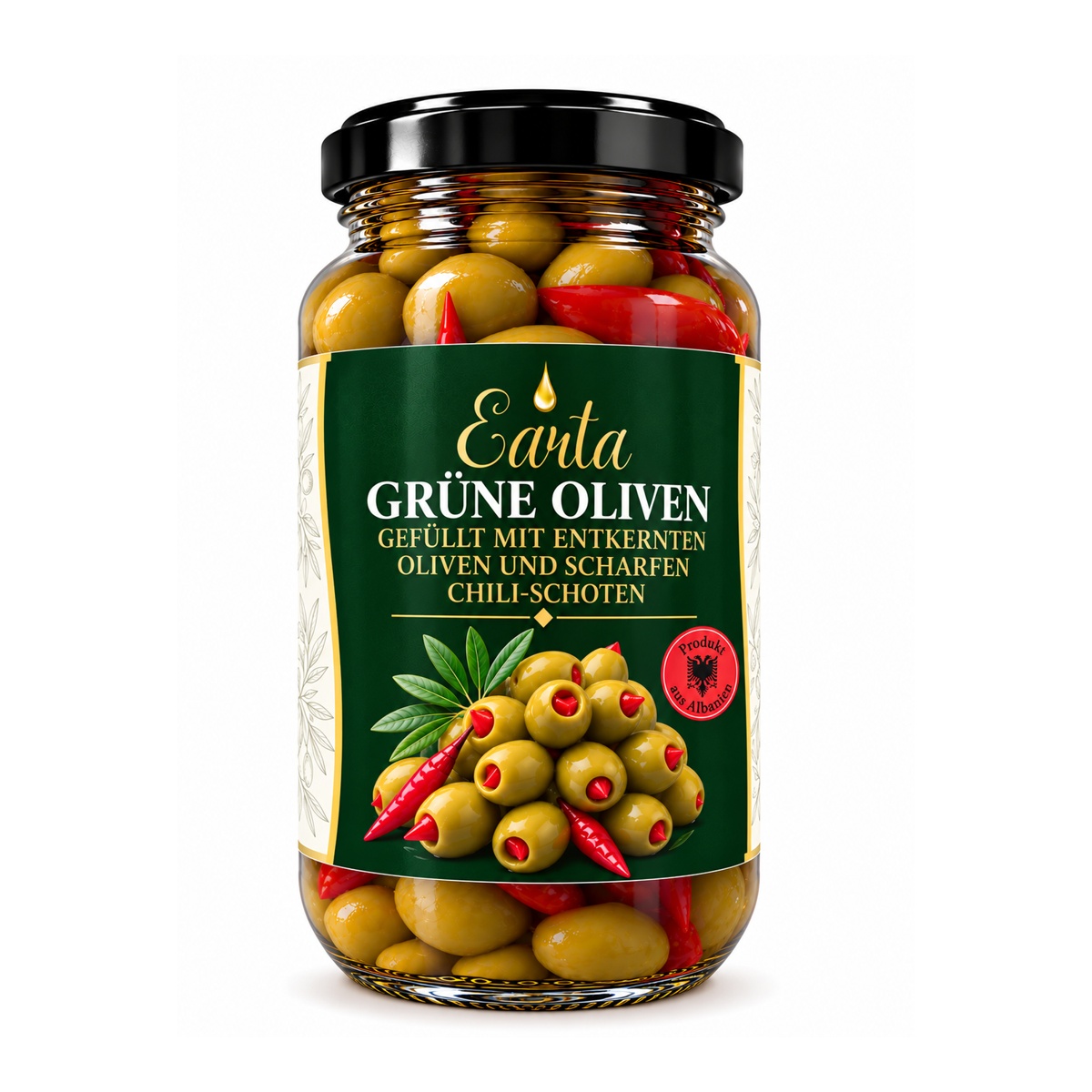 Earta — Grüne Oliven gefüllt mit scharfen Chili-Schoten