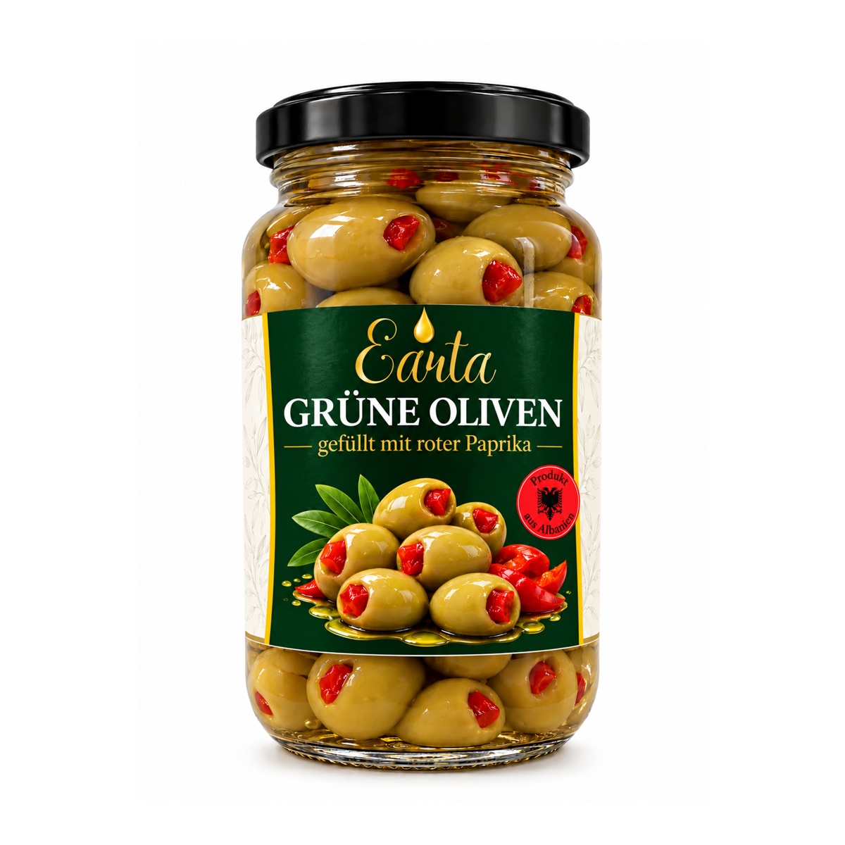 Earta — Grüne Oliven gefüllt mit roter Paprika