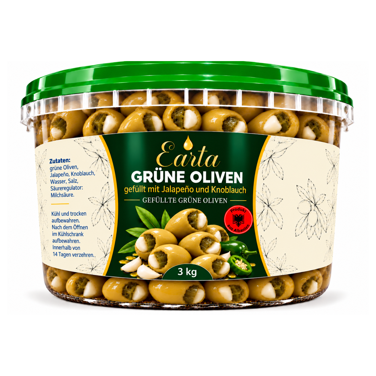Earta — Grüne Oliven gefüllt mit Jalapeño und Knoblauch