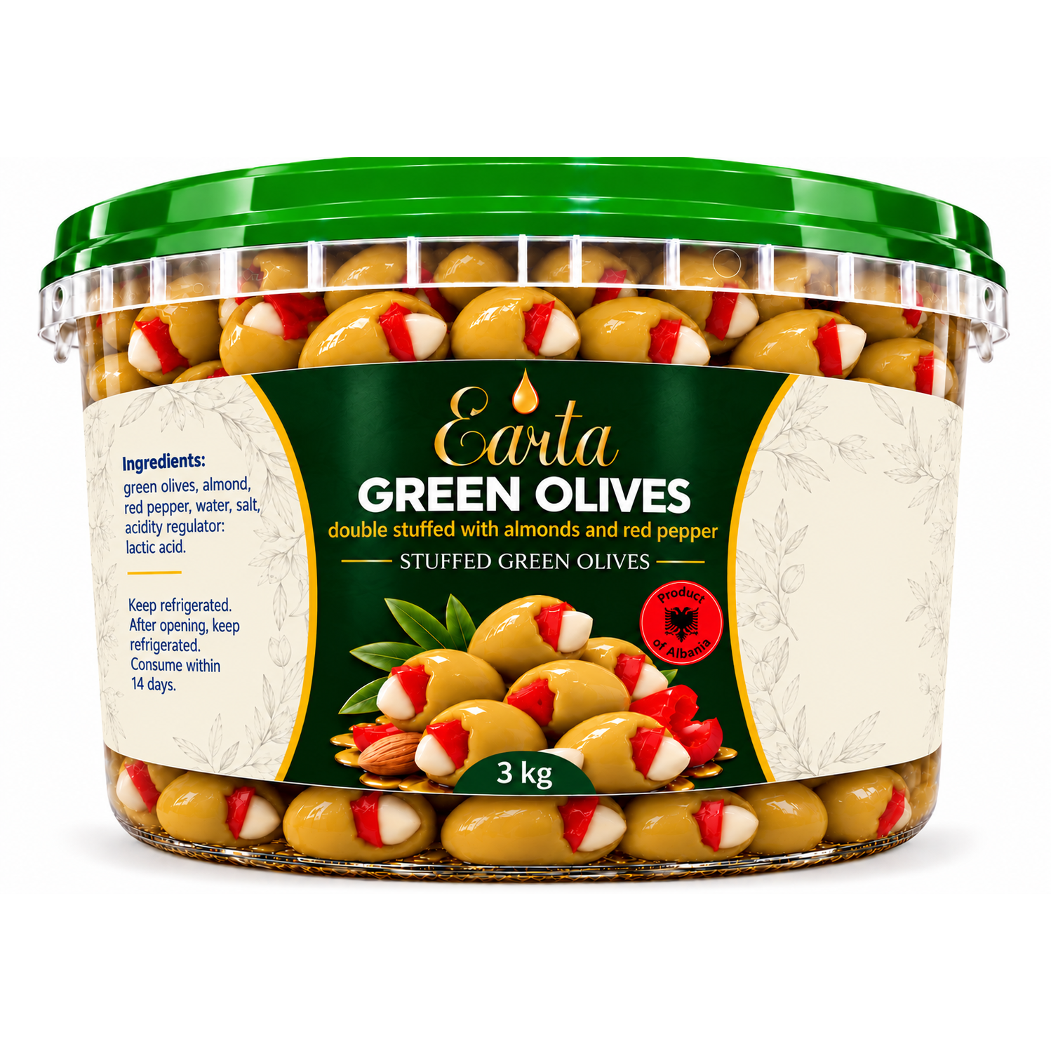 Earta — Green Olives Double Stuffed with Almonds & Red Pepper