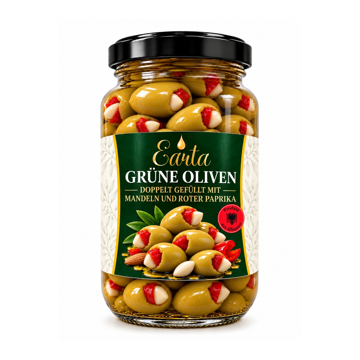 Earta — Grüne Oliven doppelt gefüllt mit Mandeln und roter Paprika