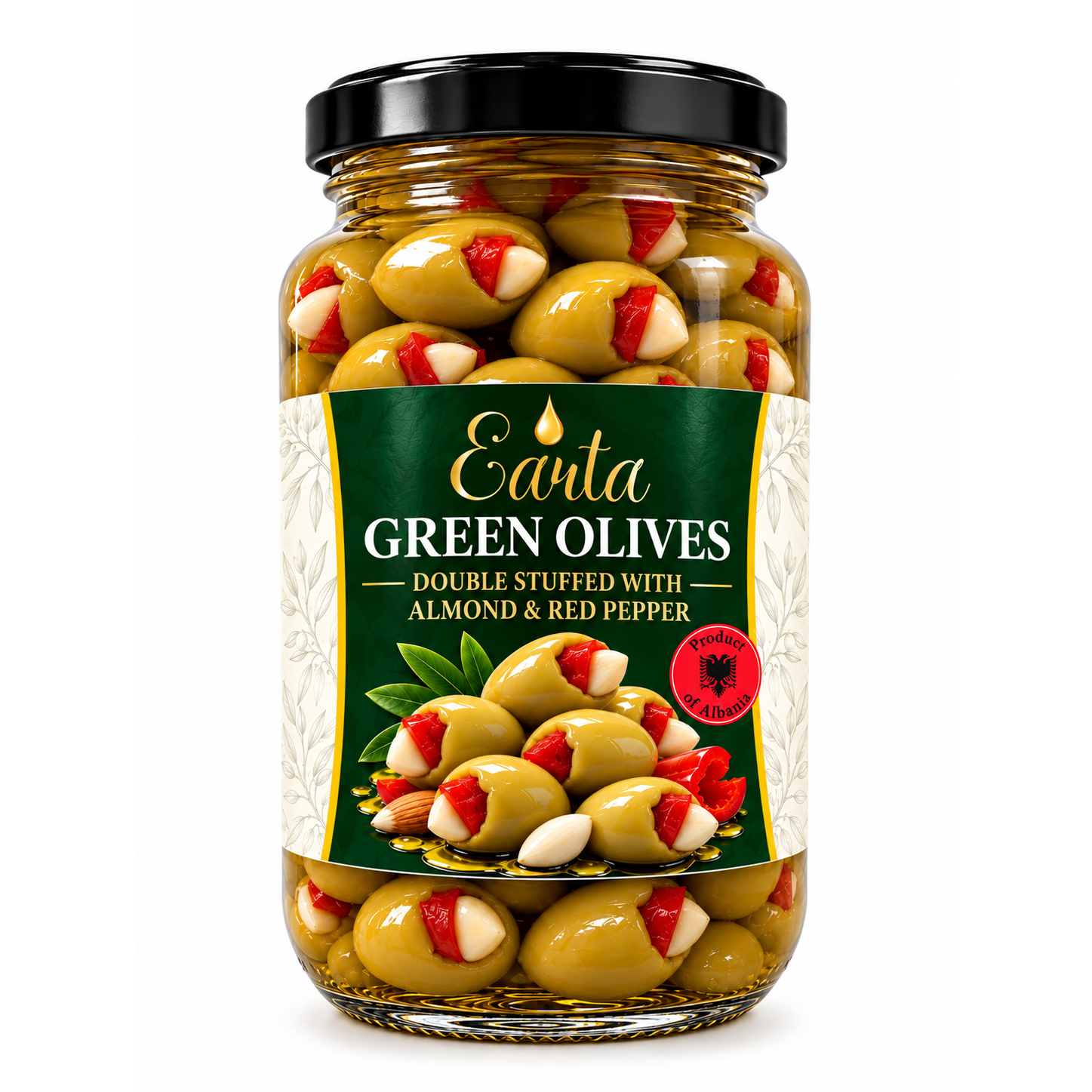 Earta — Green Olives Double Stuffed with Almond & Red Pepper