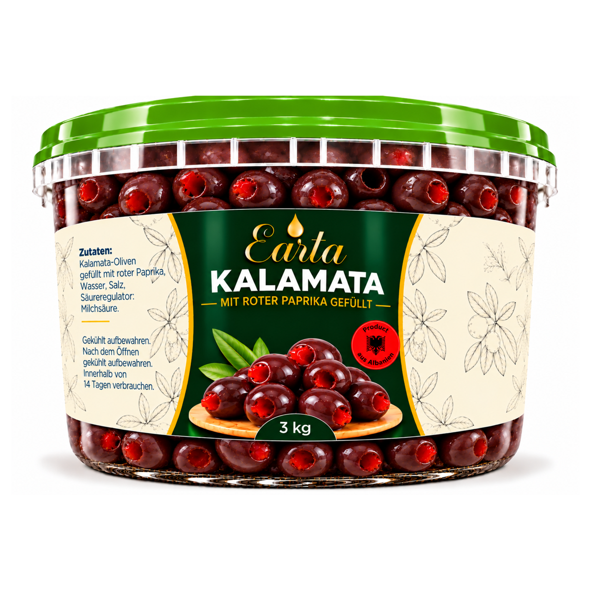 Earta — Kalamata-Oliven gefüllt mit roter Paprika